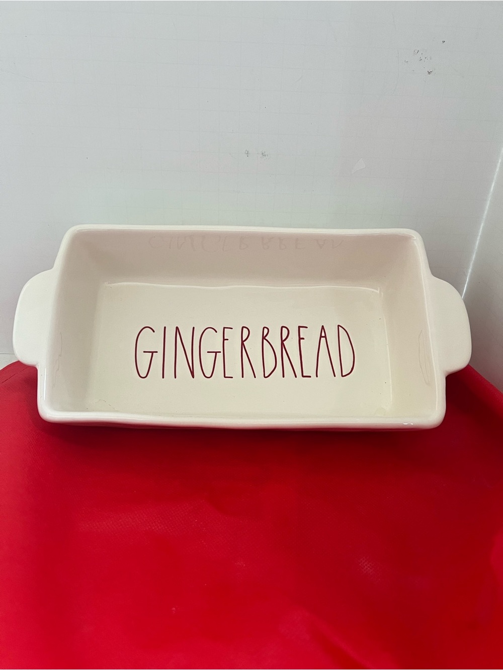 Rae Dunn Christmas GINGERBREAD Loaf Pan White With Red Lettering 9"x5"